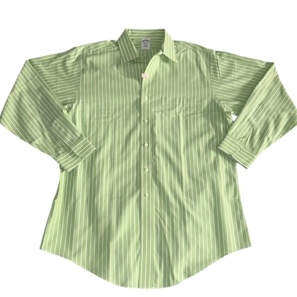 Brooks Brothers Dress Shirt Mens 17-34 Cotton Slim Fit Green & White Stripe - Picture 2 of 9